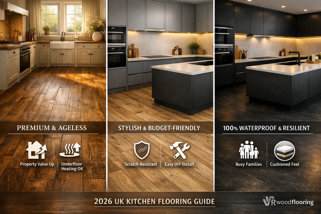 Complete 2026 comparison guide for UK kitchen flooring: Engineered Wood vs Laminate vs Vinyl. Featuring Antique Brown Oak and Foley Black LVT.