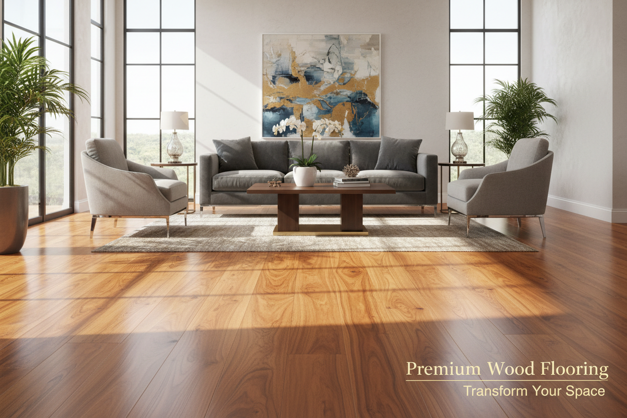 living room with best wood flooring and ad on it